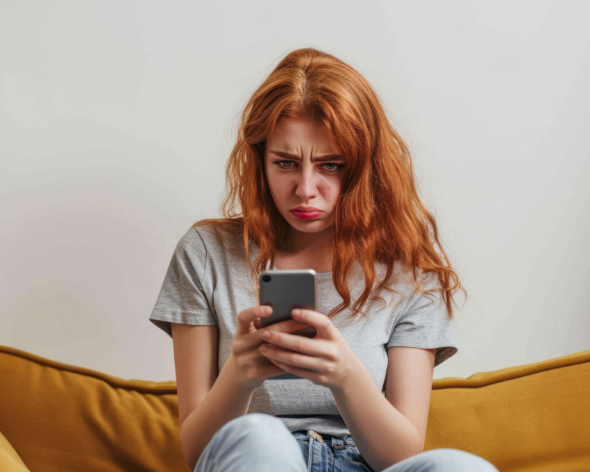 Upset millennial redhead girl holds smartphone reads unpleasant message faces social media distress battling emotions Upset millennial redhead girl holds smartphone reads unpleasant message faces social media distress battling emotions