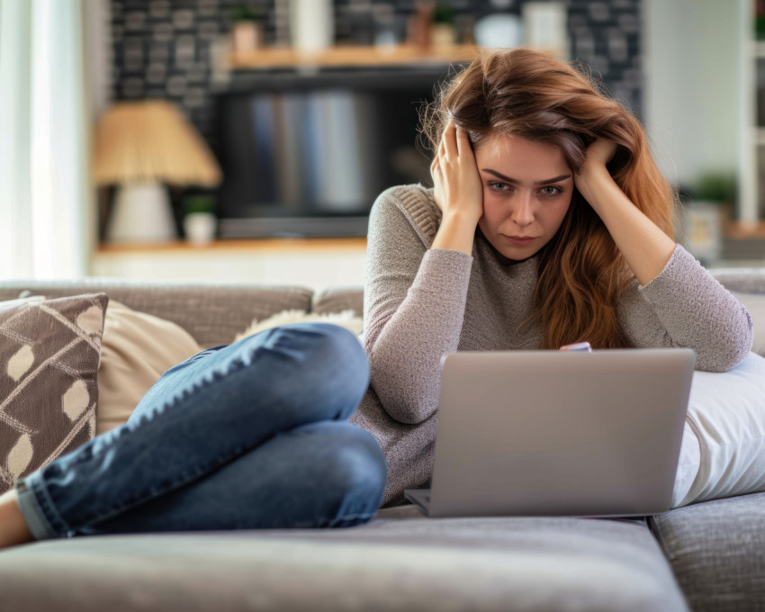Upset woman at home using smartphone and laptop feeling down Upset woman at home using smartphone and laptop feeling down