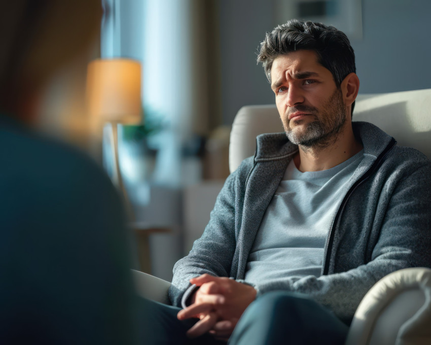 Man receiving emotional support for depression during therapy session focusing on mental health and well being Man receiving emotional support for depression during therapy session focusing on mental health and well being