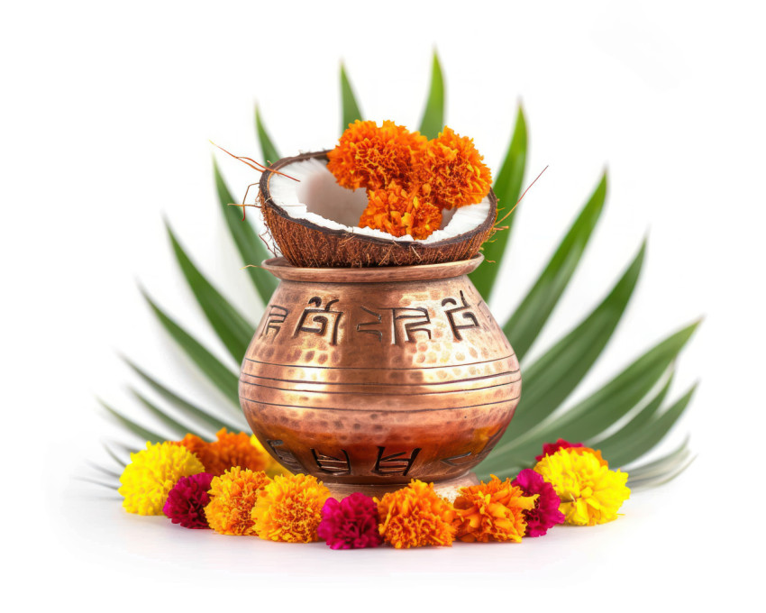 A beautifully decorated copper kalash with coconut mango leaf and marigold flowers on a white background A beautifully decorated copper kalash with coconut mango leaf and marigold flowers on a white background