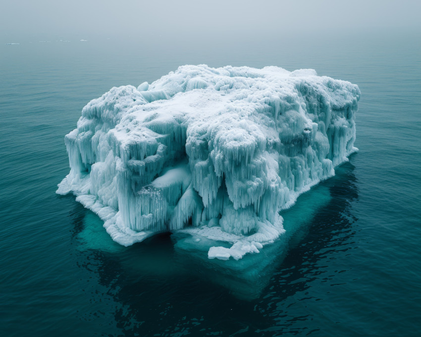 Ice covered berg afloat in the ocean a majestic icy scene with nature beauty on display