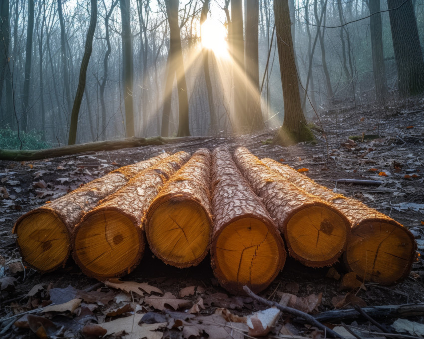 Logs arranged in woods with sunlight creating a rustic scene in a peaceful forest setting Logs arranged in woods with sunlight creating a rustic scene in a peaceful forest setting
