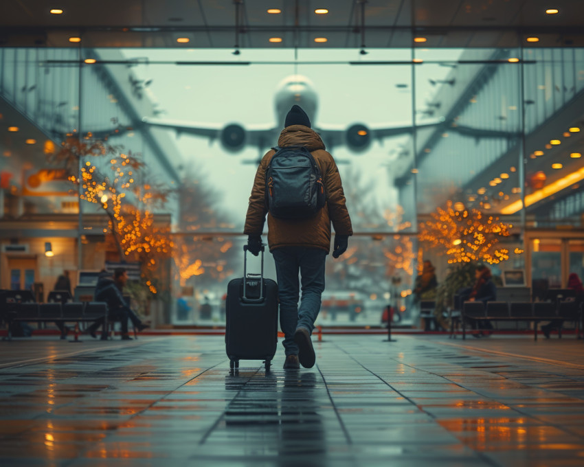 Man heading to luggage check with airplane soaring above in a busy airport scene Man heading to luggage check with airplane soaring above in a busy airport scene