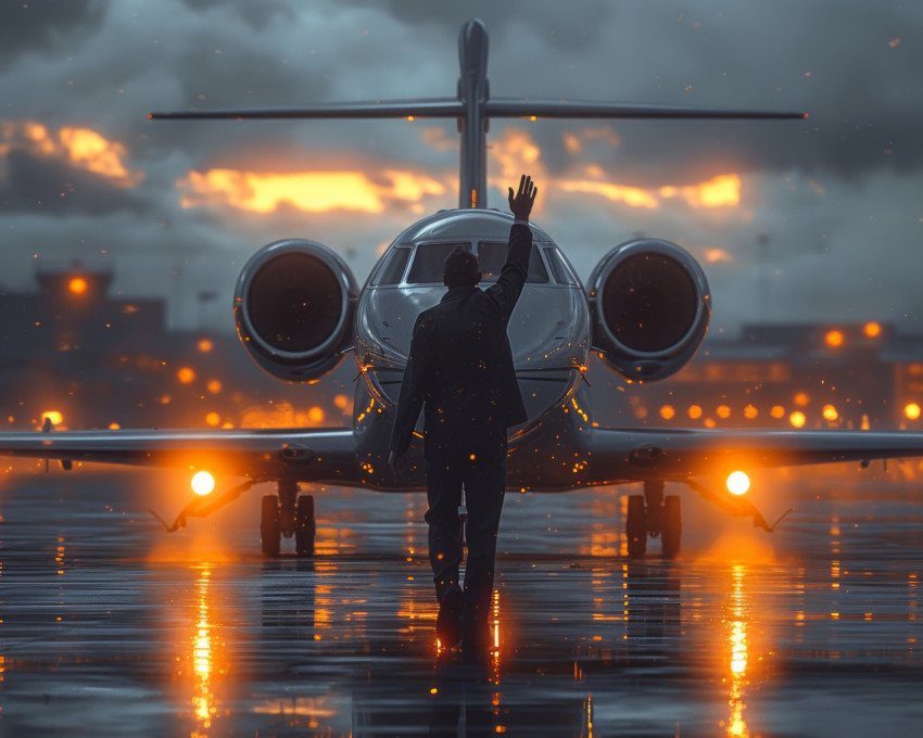 Businessman waving walking away from jet confident departure from private aircraft Businessman waving walking away from jet confident departure from private aircraft