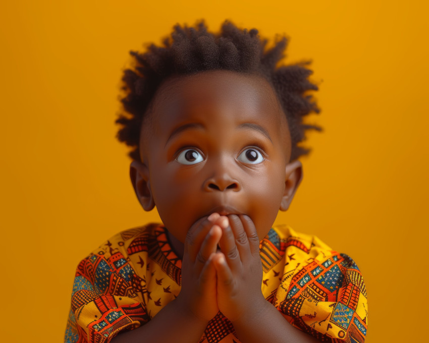 Young child expresses surprise hands covering mouth during playtime Young child expresses surprise hands covering mouth during playtime