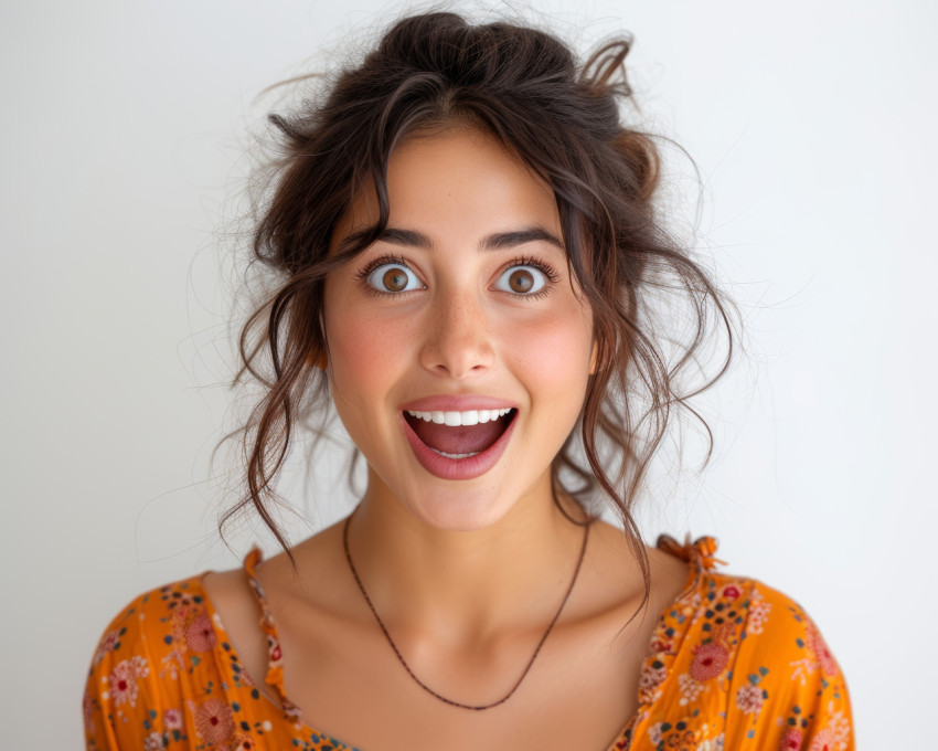 Joyful woman with a surprised expression on a white background Joyful woman with a surprised expression on a white background