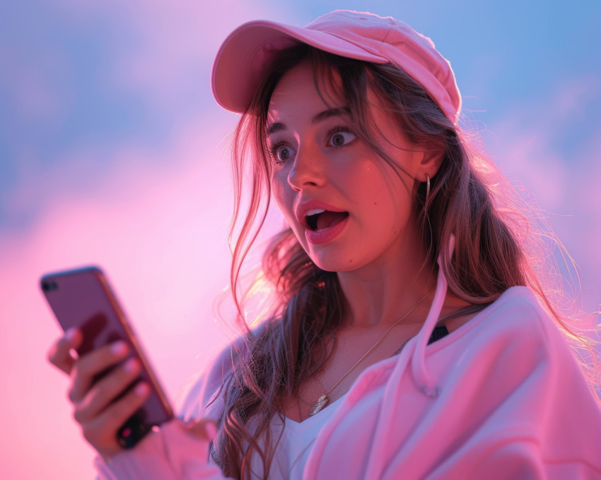 Woman expresses her emotions while looking at her mobile phone screen Woman expresses her emotions while looking at her mobile phone screen
