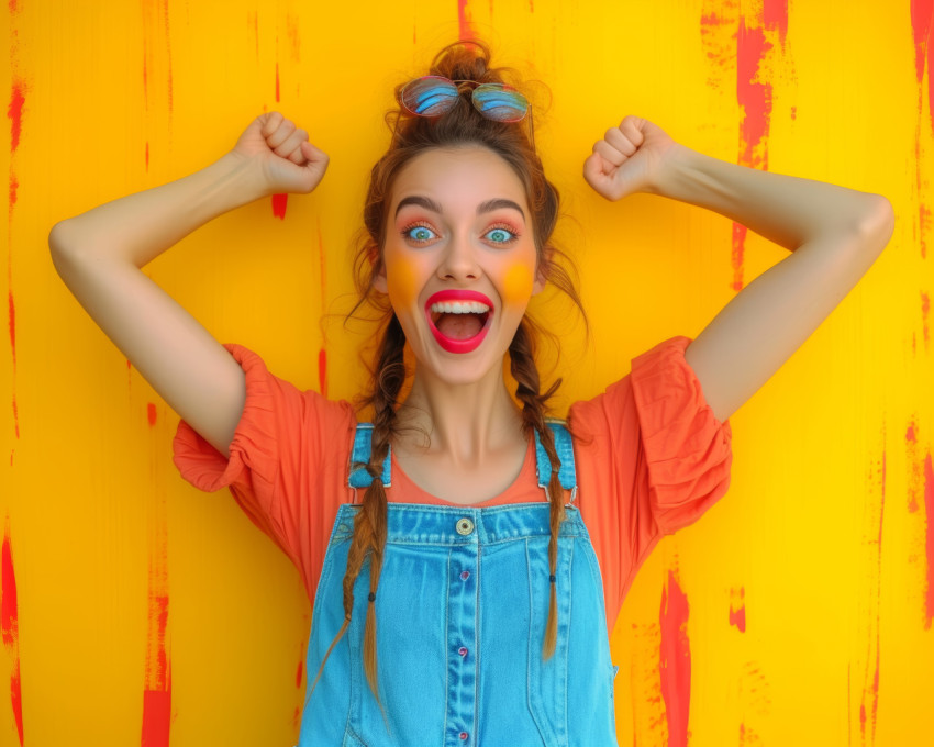Happy woman with arms up in excitement celebrating joy and success with a big smile on her face Happy woman with arms up in excitement celebrating joy and success with a big smile on her face