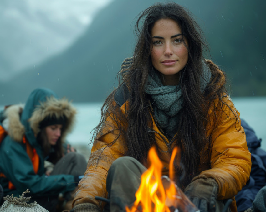 Woman sitting by open fire with others enjoying warmth and company outdoors Woman sitting by open fire with others enjoying warmth and company outdoors