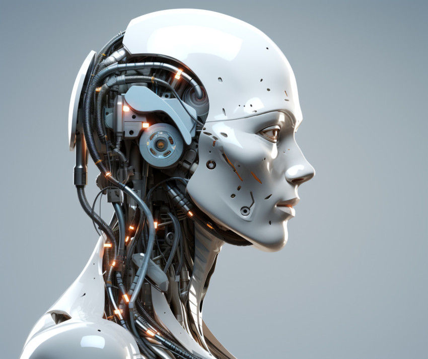 A white three dimensional female robot head with its head tilted A white three dimensional female robot head with its head tilted