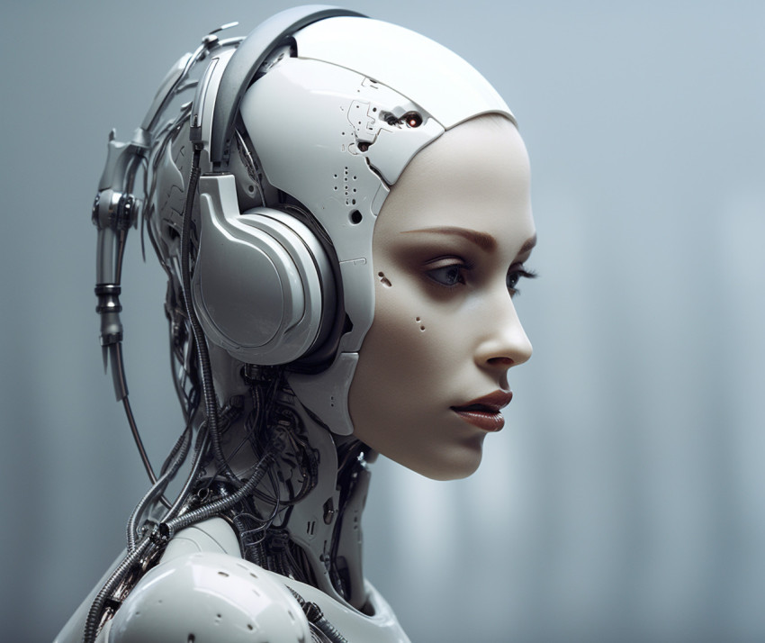 A 3d portrait of a robot that wears headphones A 3d portrait of a robot that wears headphones