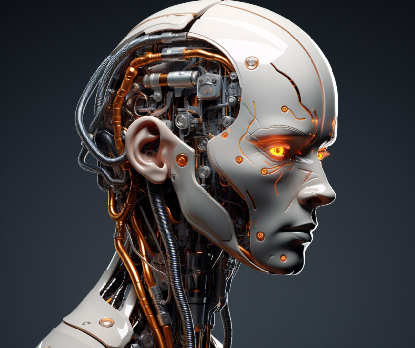 A white 3D model of a woman robot head, with her head tilted to A white 3D model of a woman robot head, with her head tilted to