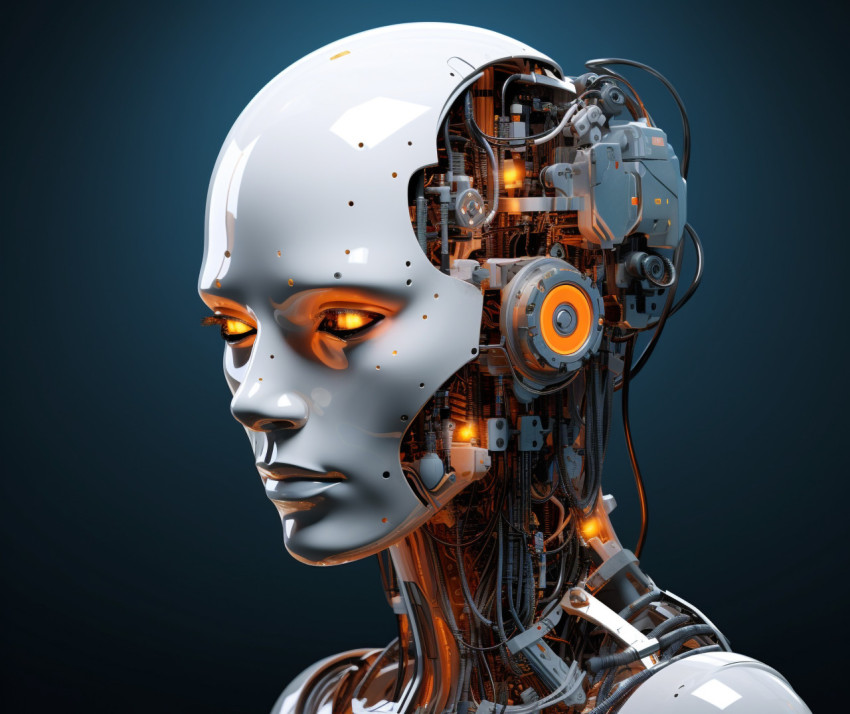 White 3d female robot head with her head tilted White 3d female robot head with her head tilted