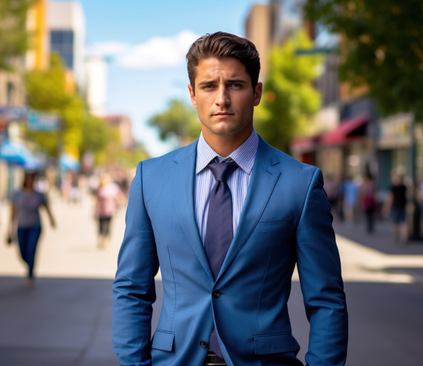 Young handsome businessman in blue suit standing in city Young handsome businessman in blue suit standing in city