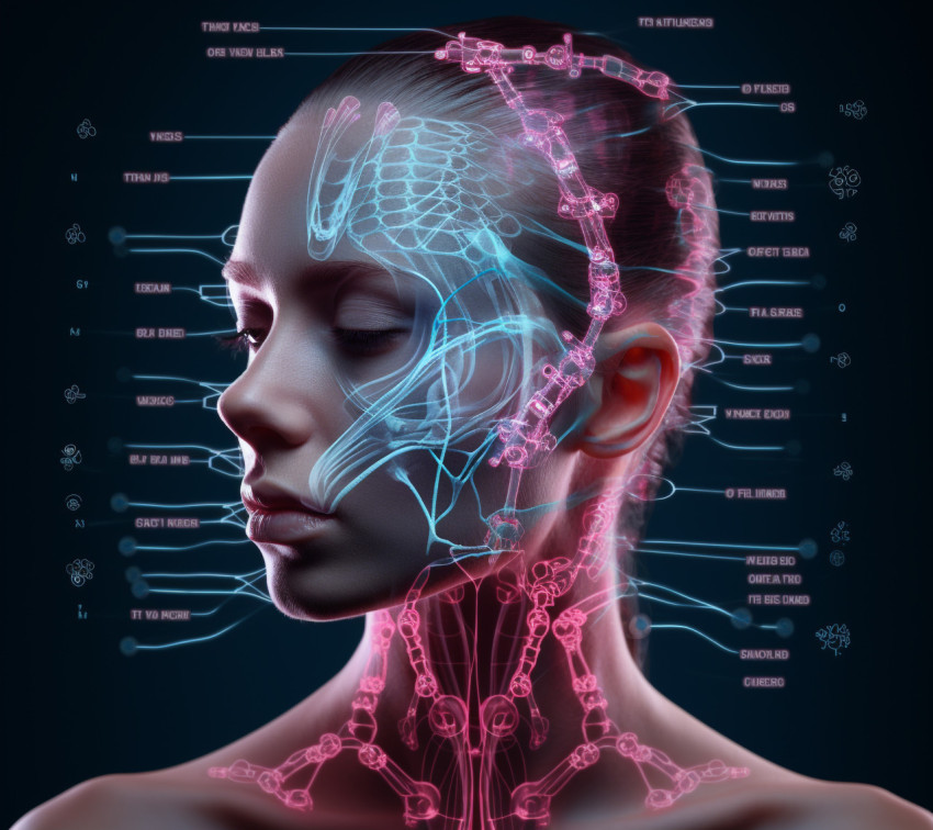 Robotic blue white and red robot head and image Robotic blue white and red robot head and image