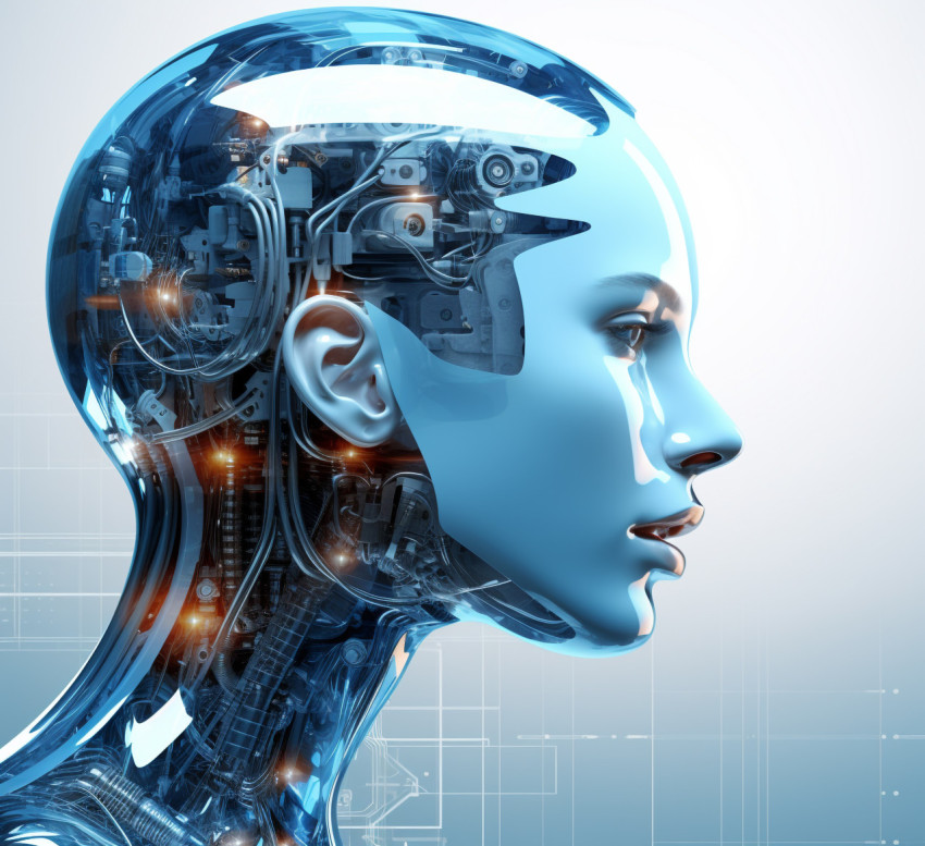 An abstract of a male head with a technology robot and space bac An abstract of a male head with a technology robot and space bac