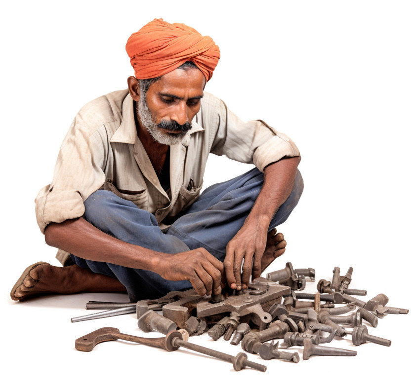 Skilled Indian craftsman poses with tools against a white background Skilled Indian craftsman poses with tools against a white background