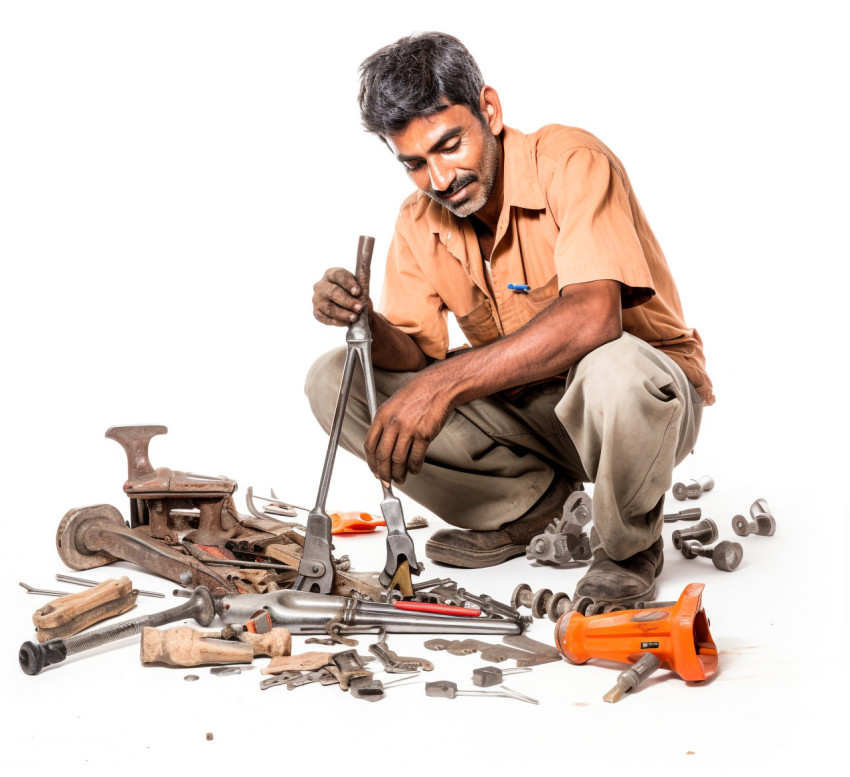 Skilled Indian craftsman poses with tools against a white background Skilled Indian craftsman poses with tools against a white background