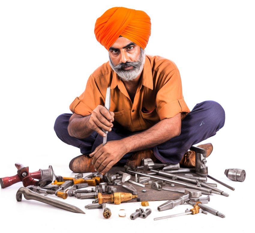 Skilled Indian craftsman poses with tools against a white background Skilled Indian craftsman poses with tools against a white background