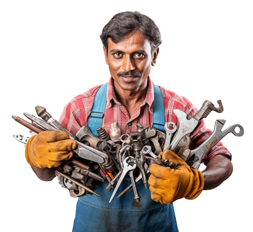 Skilled Indian craftsman poses with tools against a white background Skilled Indian craftsman poses with tools against a white background