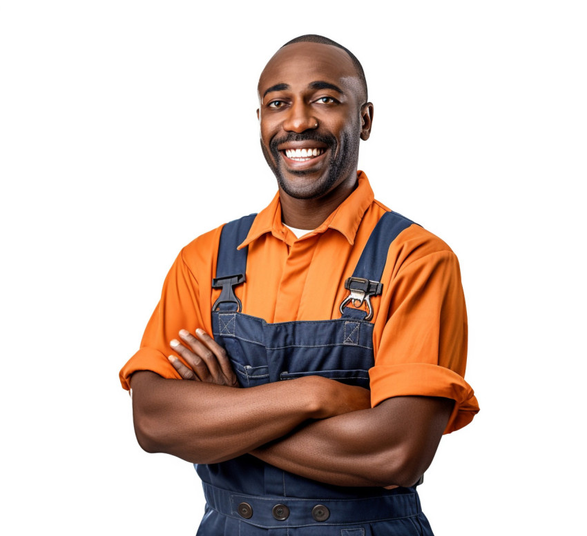 Cheerful mechanic posing against a white background Cheerful mechanic posing against a white background