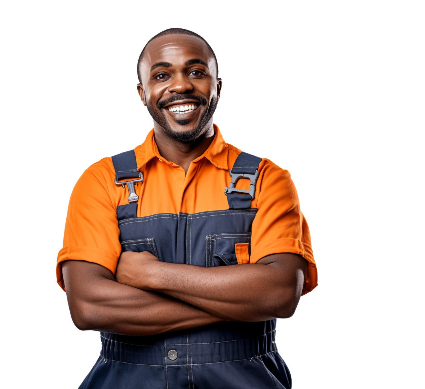 Cheerful mechanic posing against a white background Cheerful mechanic posing against a white background