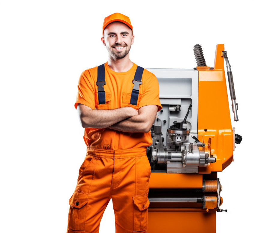 Cheerful male machinist with a welcoming smile against a white background Cheerful male machinist with a welcoming smile against a white background