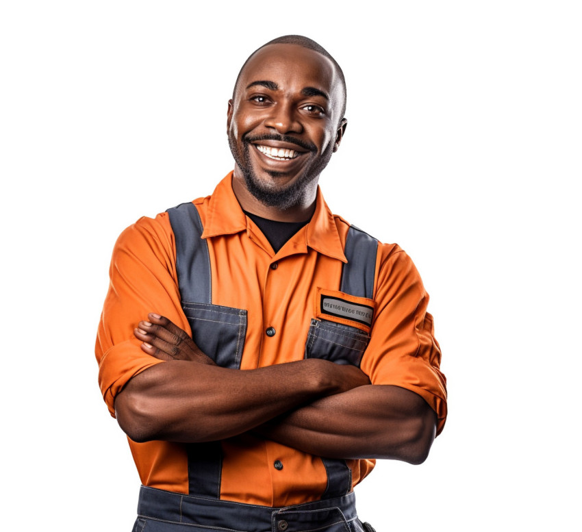 Cheerful mechanic posing against a white background Cheerful mechanic posing against a white background