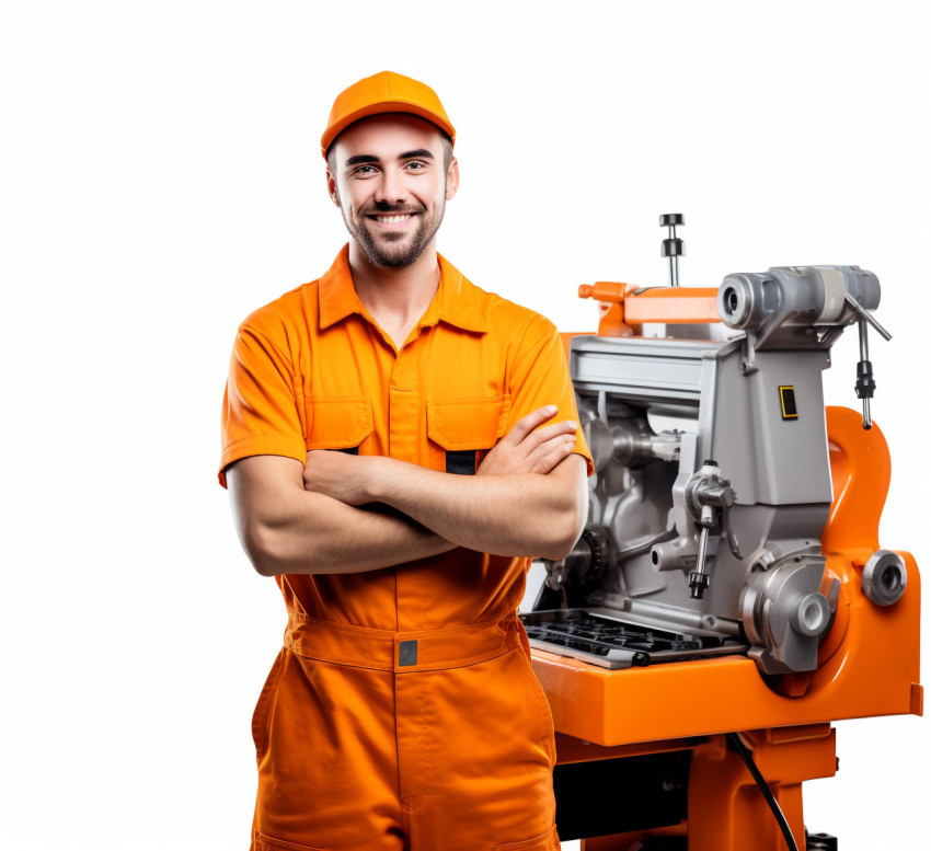 Cheerful male machinist with a welcoming smile against a white background Cheerful male machinist with a welcoming smile against a white background