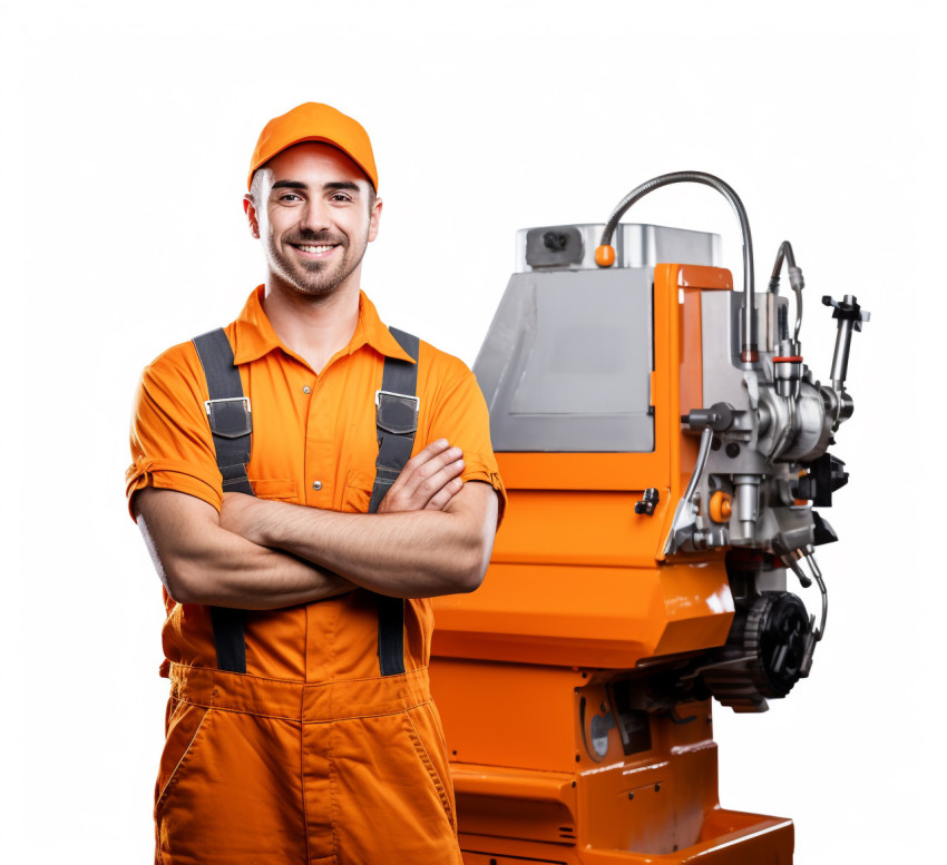 Cheerful male machinist with a welcoming smile against a white background Cheerful male machinist with a welcoming smile against a white background