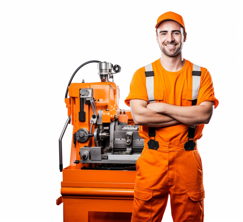 Cheerful male machinist with a welcoming smile against a white background Cheerful male machinist with a welcoming smile against a white background