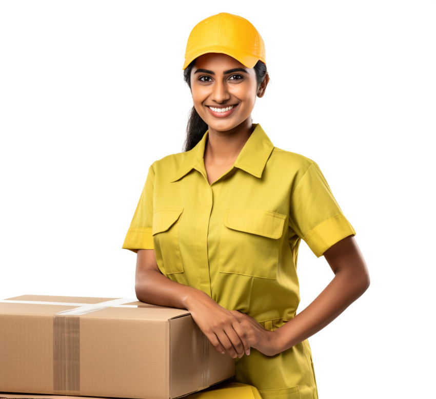 Cheerful Indian woman factory worker isolated on white background Cheerful Indian woman factory worker isolated on white background