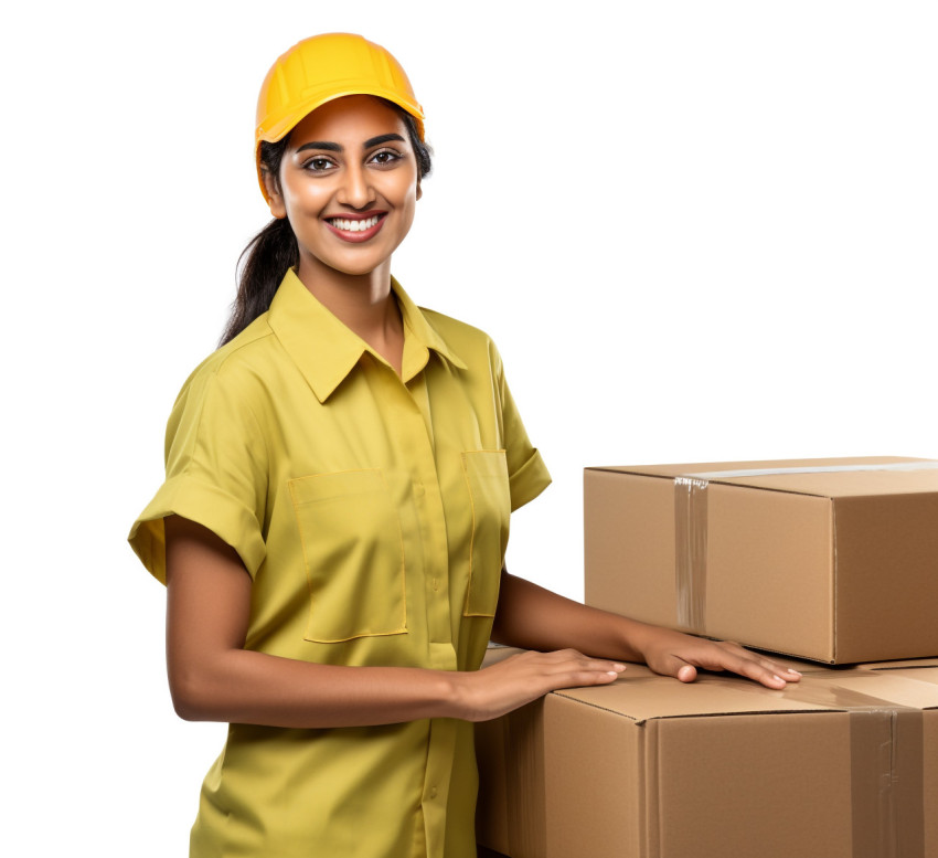 Cheerful Indian woman factory worker isolated on white background Cheerful Indian woman factory worker isolated on white background