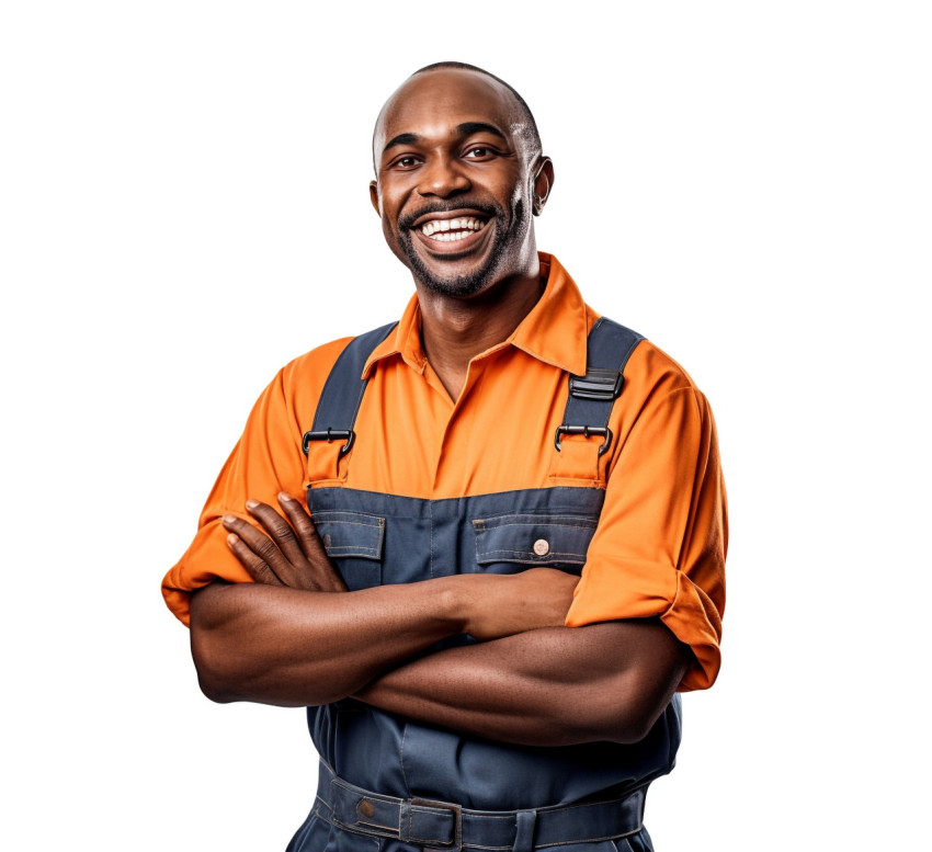Cheerful mechanic posing against a white background Cheerful mechanic posing against a white background