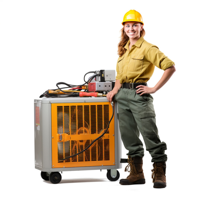 Smiling HVAC technician woman on white background Smiling HVAC technician woman on white background