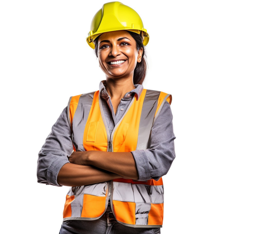 Indian woman construction worker smiling on a white background Indian woman construction worker smiling on a white background