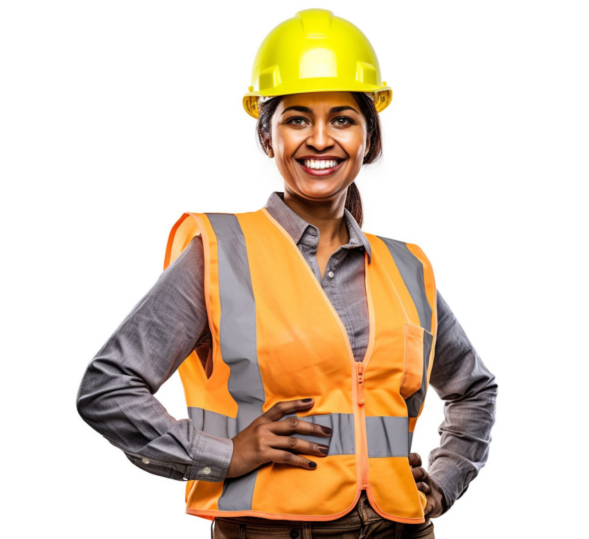 Indian woman construction worker smiling on a white background Indian woman construction worker smiling on a white background