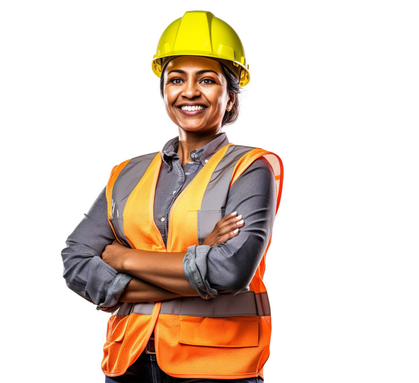 Indian woman construction worker smiling on a white background Indian woman construction worker smiling on a white background