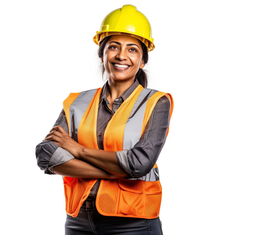 Indian woman construction worker smiling on a white background Indian woman construction worker smiling on a white background