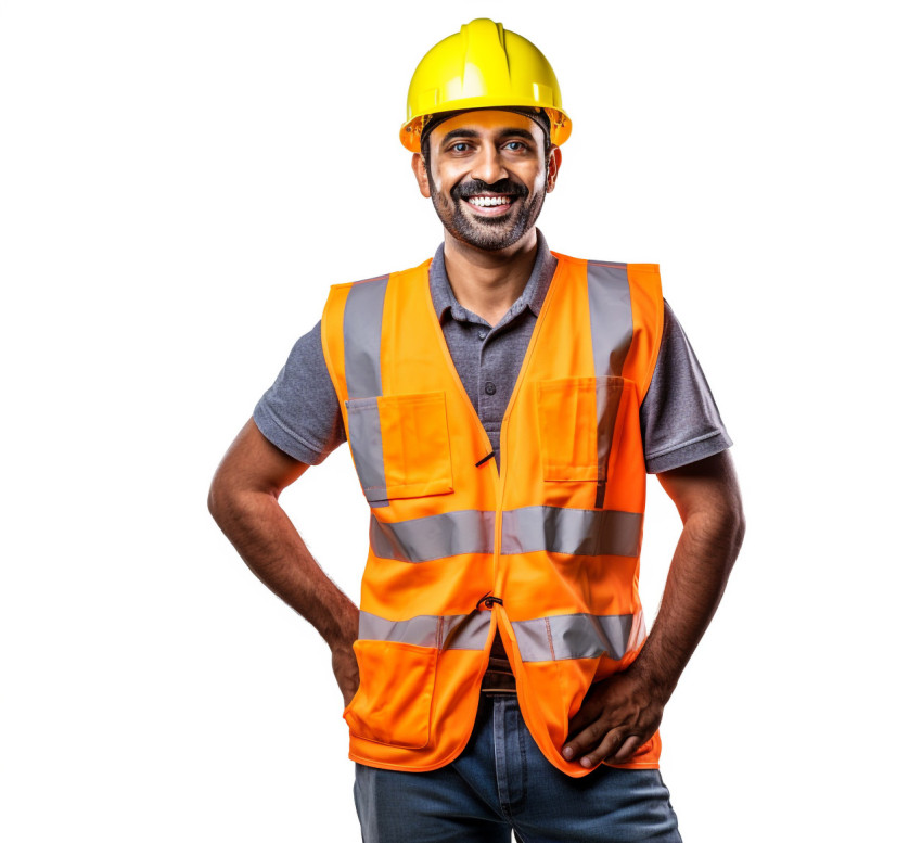 Smiling Indian construction worker on white background Smiling Indian construction worker on white background