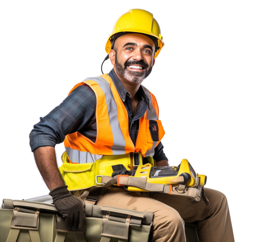 Indian roofer smiling on white background Indian roofer smiling on white background