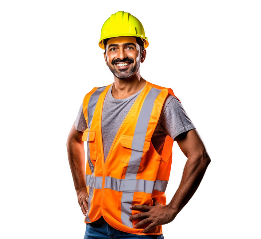 Smiling Indian construction worker on white background Smiling Indian construction worker on white background