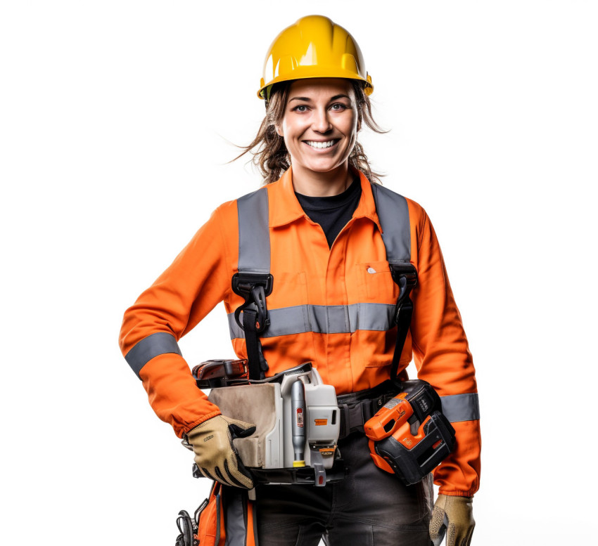 Smiling female electrician on white background Smiling female electrician on white background