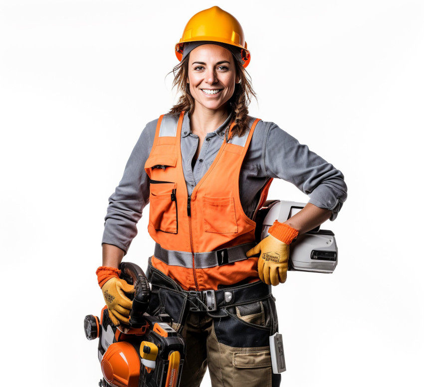 Smiling female electrician on white background Smiling female electrician on white background