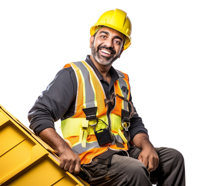 Indian roofer smiling on white background Indian roofer smiling on white background