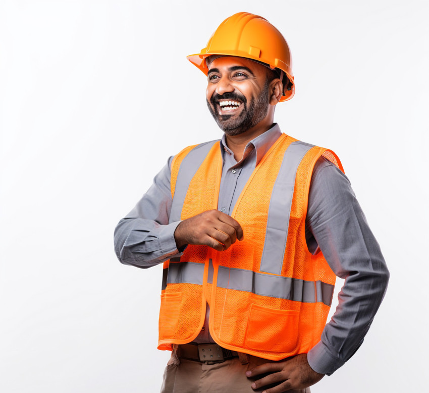 Indian drywall contractor with friendly smile isolated on white background Indian drywall contractor with friendly smile isolated on white background