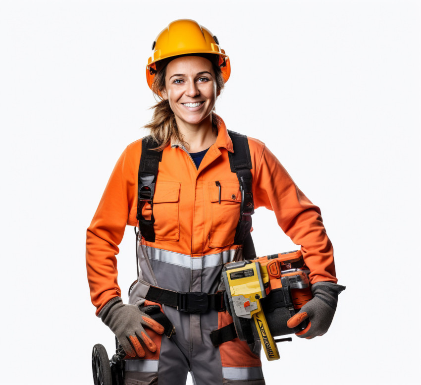 Smiling female electrician on white background Smiling female electrician on white background
