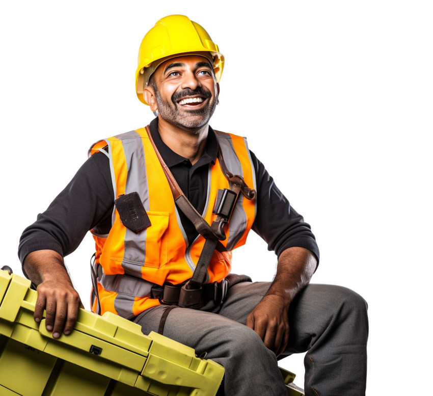 Indian roofer smiling on white background Indian roofer smiling on white background
