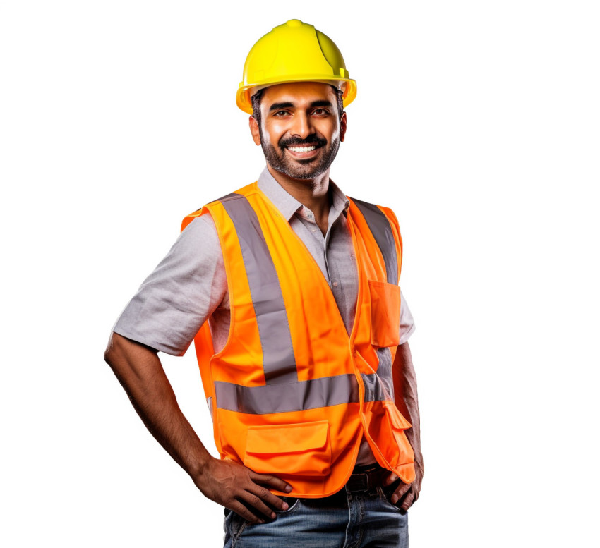 Smiling Indian construction worker on white background Smiling Indian construction worker on white background