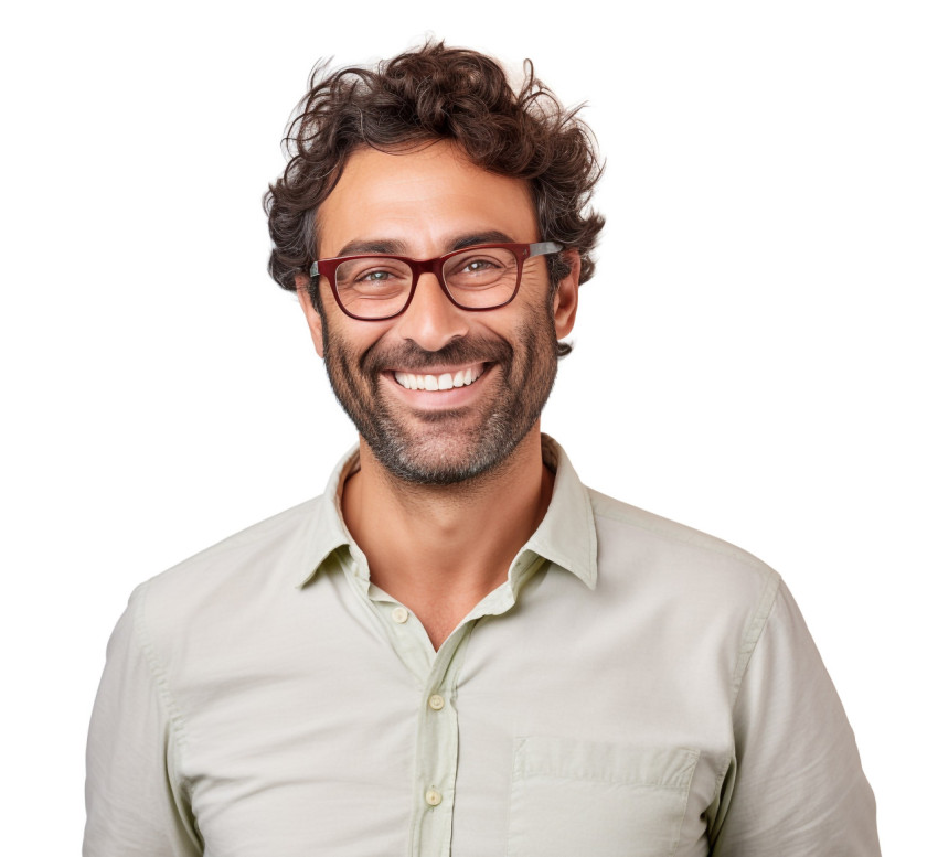 Cheerful male kindergarten teacher smiling on white background